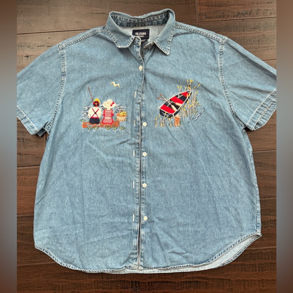 Denim embroidered quirky kitsch button shirt boat picnic coastal grandma size L